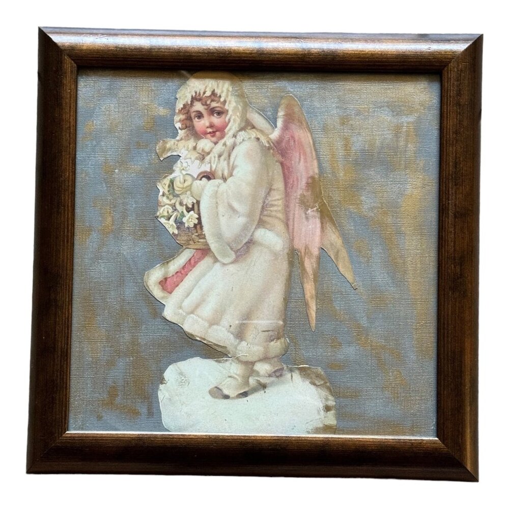Beautiful Old Victorian Vintage Framed Christmas Snow Angel Picture
